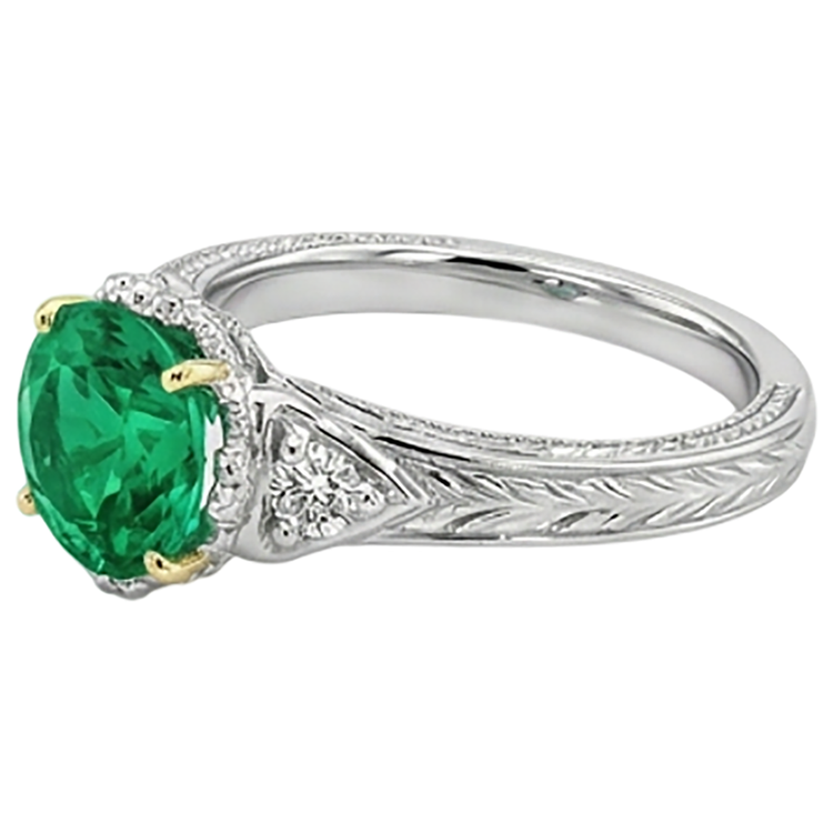 Émeraude Fine Taille Brillant Bague Pierre Précieuse en Or Bicolore 14 Carats – vue de profil