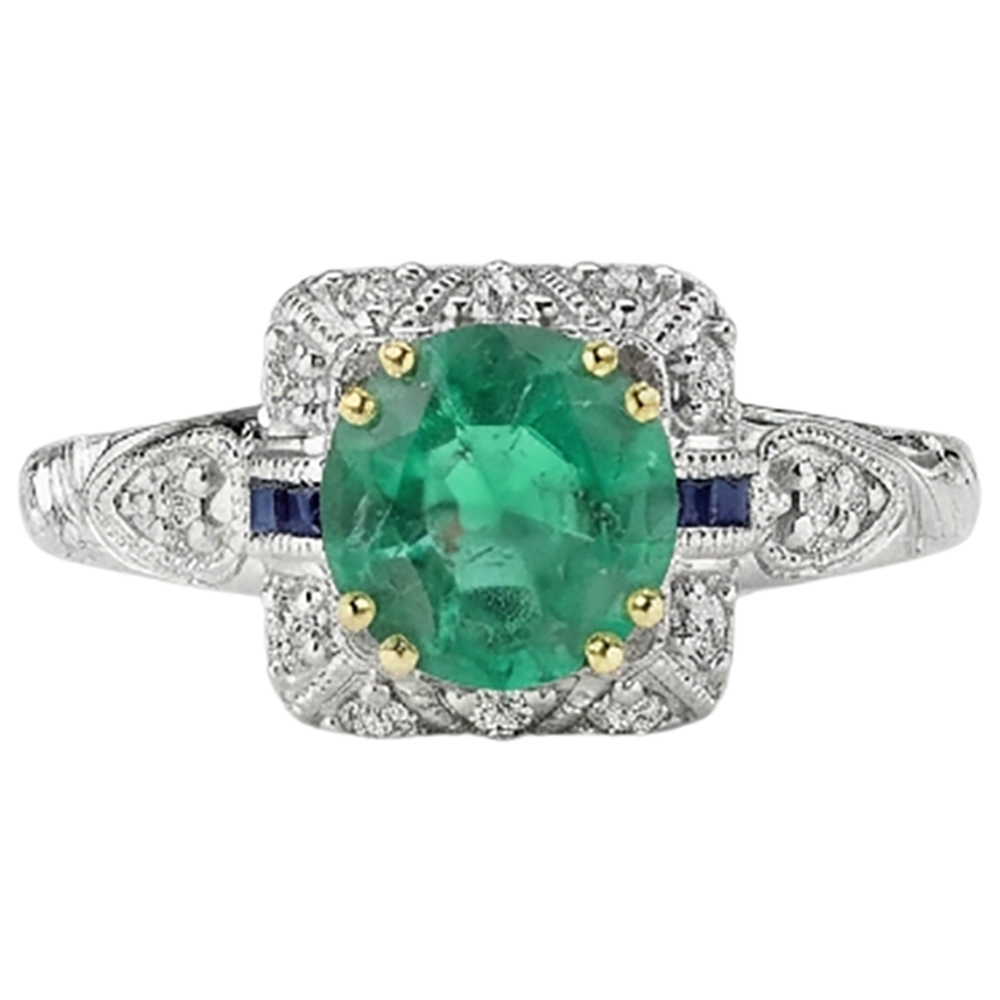 Taille Brillant Émeraude Fine bague en Or Bicolore 14 Carats – vue de face