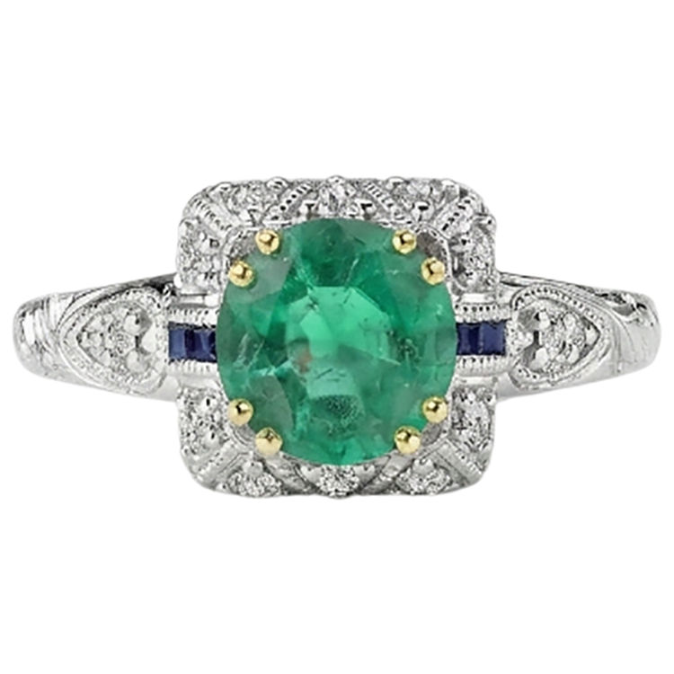 Taille Brillant Émeraude Fine bague en Or Bicolore 14 Carats – vue de face