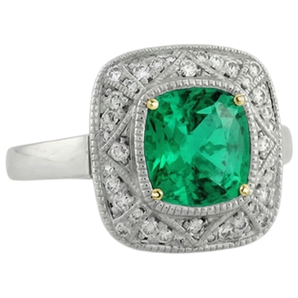Taille Coussin Émeraude Colombienne bague en Or Deux Tons 14 Carats – vue d'angle