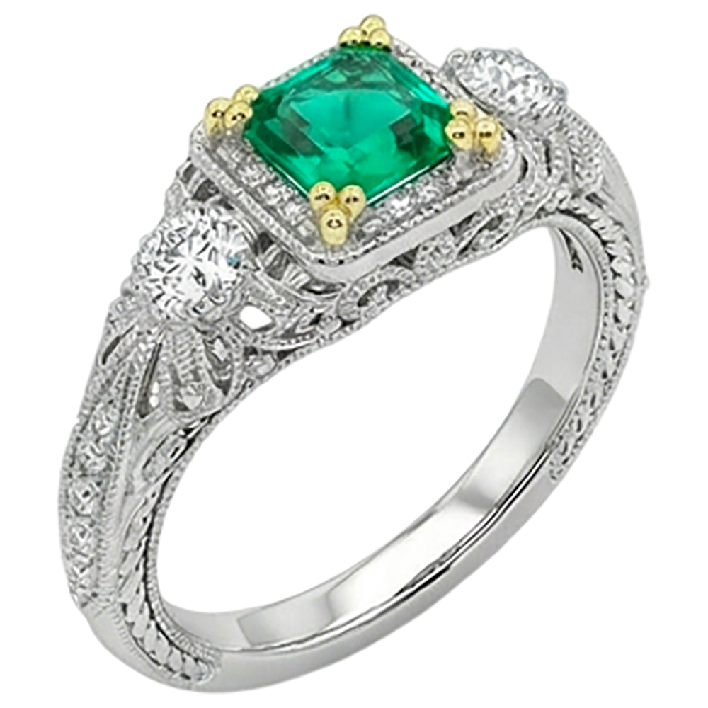 Émeraude Fine Taille Asscher Bague avec Gemme en Or Deux Tons 14 Carats – vue de face