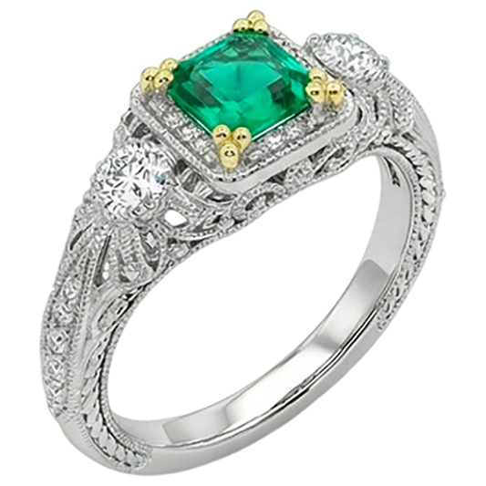 Émeraude Fine Taille Asscher Bague avec Gemme en Or Deux Tons 14 Carats – vue de face