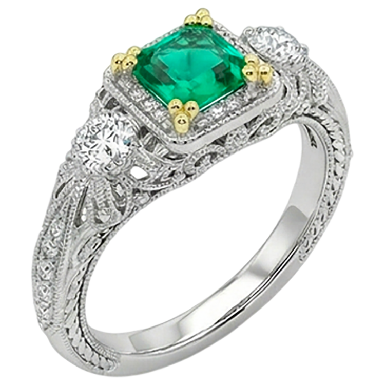 Émeraude Fine Taille Asscher Bague avec Gemme en Or Deux Tons 14 Carats – vue de face