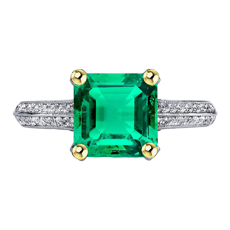 Émeraude Colombienne Taille à Degrés Bague avec Gemme en Or Bicolore 14 Carats – vue principale