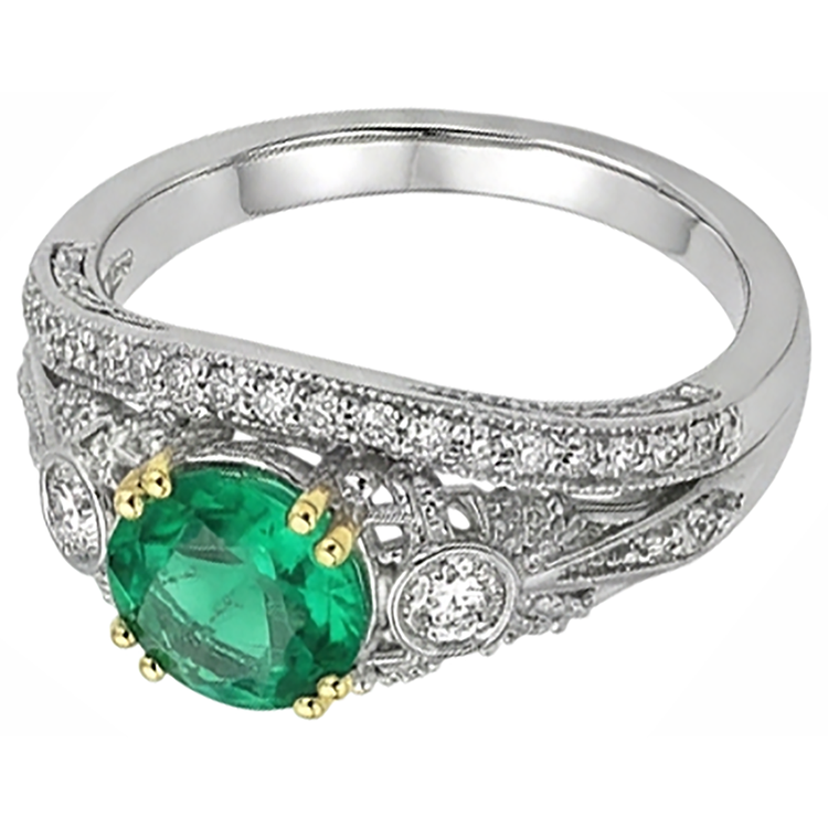 Taille Brillant Émeraude Fine bague en Or Bicolore 14 Carats – vue d'angle
