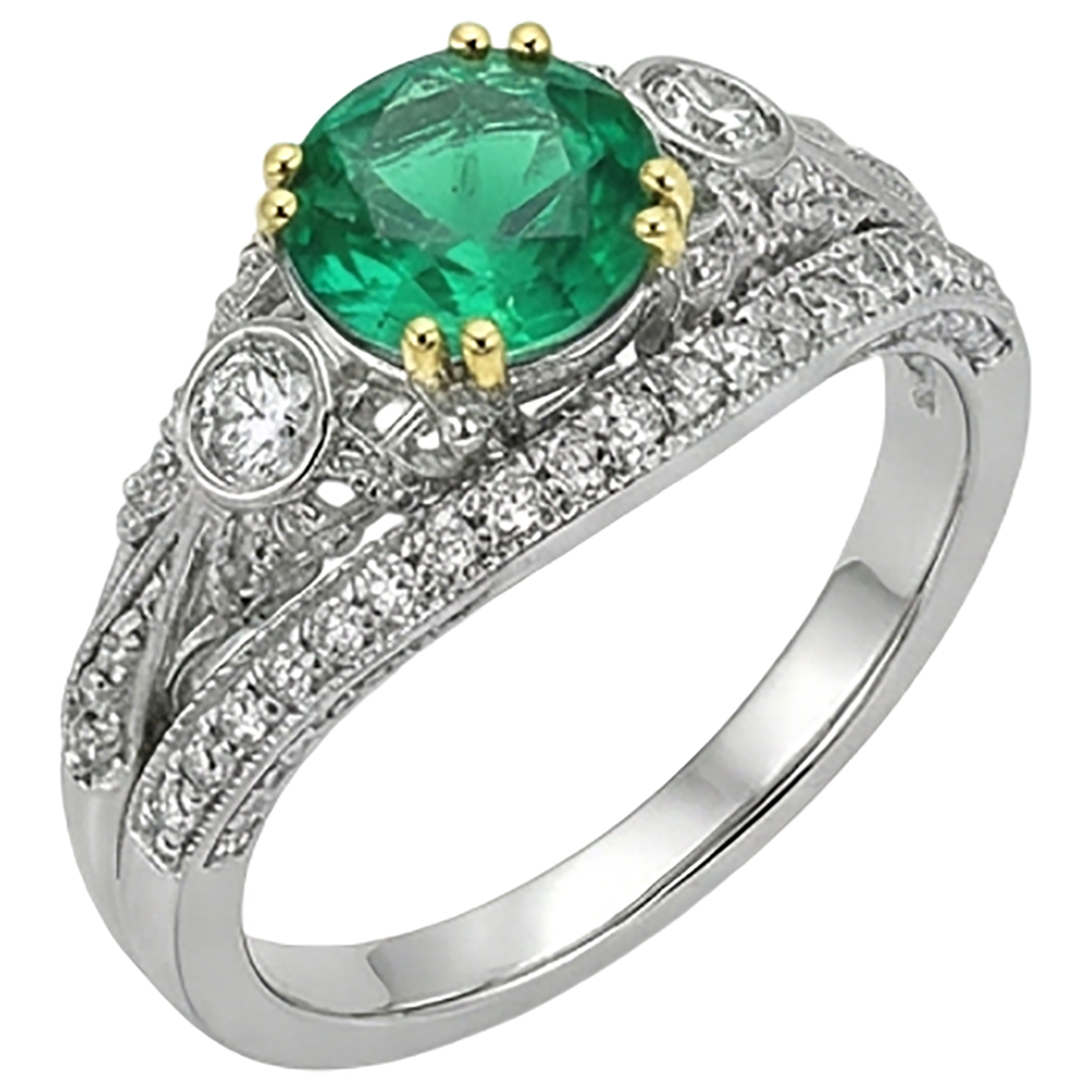 Émeraude Fine Taille Brillant Bague avec Gemme en Or Bicolore 14 Carats – vue de face