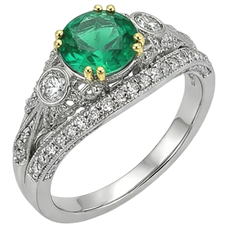 Émeraude Fine Taille Brillant Bague avec Gemme en Or Bicolore 14 Carats – vue de face