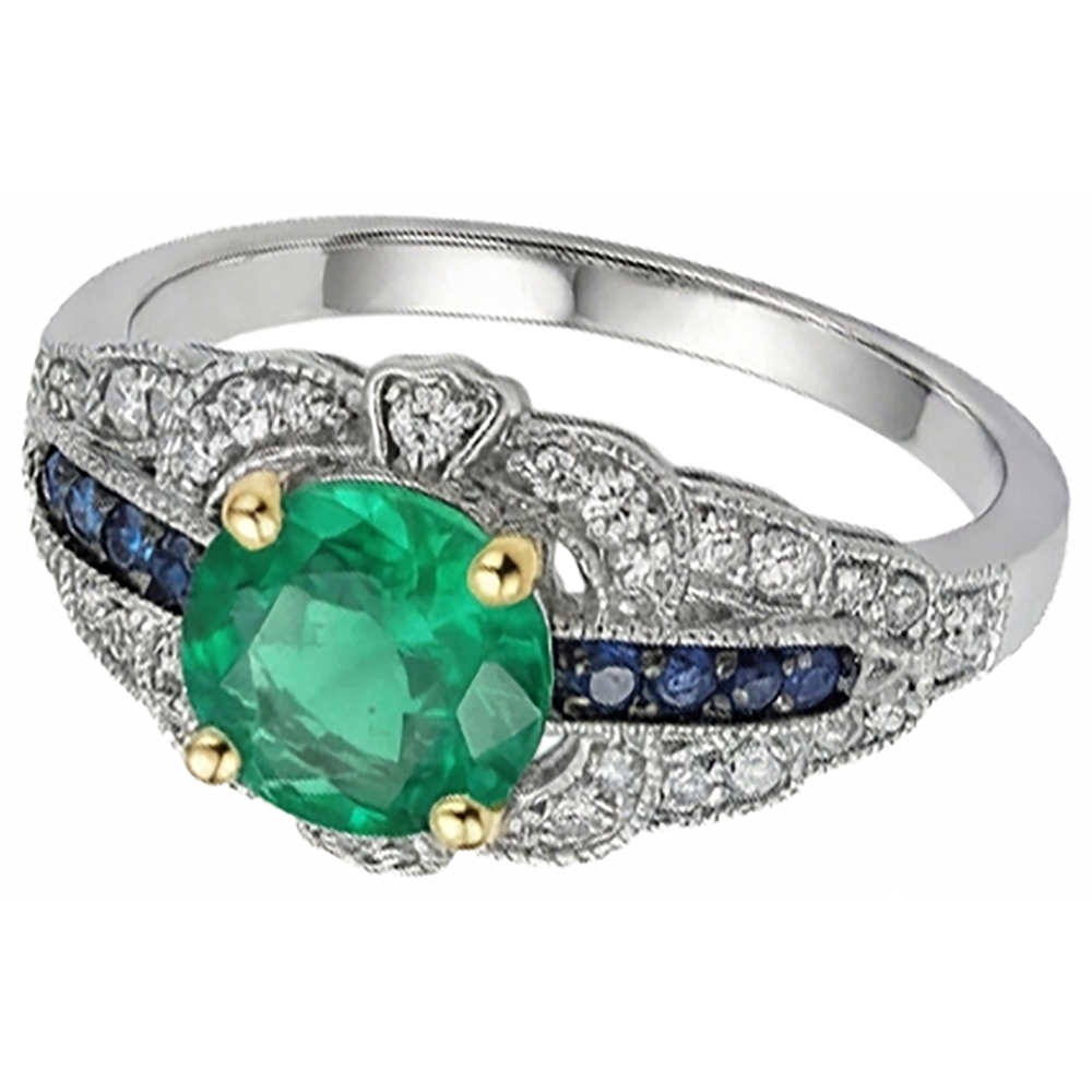 Taille Ronde Émeraude Colombienne bague en 14K – vue de face