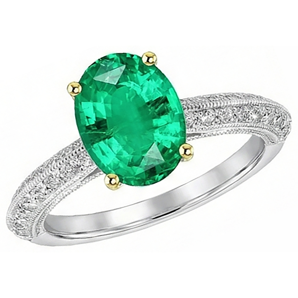 Émeraude Fine Bague Pierre Précieuse 3,50-carats Or 14K Bicolore – vue d'angle