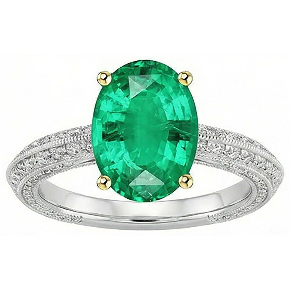 Émeraude Fine Bague Pierre Précieuse 3,50-carats Or 14K Bicolore – vue de face