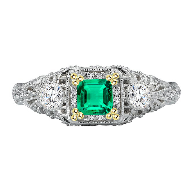 Émeraude Fine Bague avec Gemme 2 carats Or Deux Tons 14 Carats – vue principale