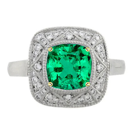 Émeraude Colombienne Taille Coussin Bague Pierre Précieuse en Or Deux Tons 14 Carats – vue principale