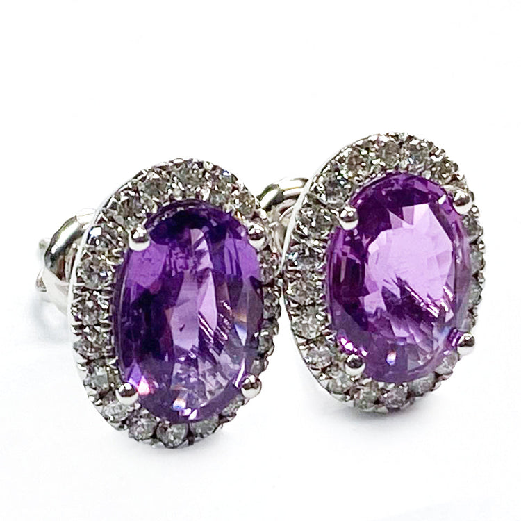 Violet Saphir Halo Diamants Boucles d'oreilles à Tige