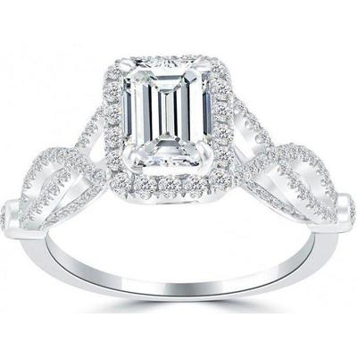 WG 14K 3 Ct. Bague Emeraude Et Réel Diamant Halo Ronde A Tige Torsadée Femme Bijoux