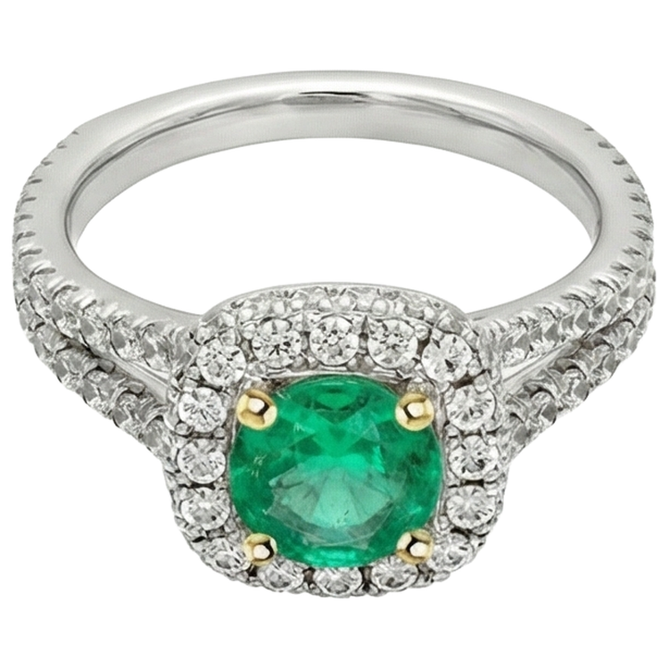 Bague avec Gemme Or Bicolore 14 Carats avec Émeraude Fine – vue de face