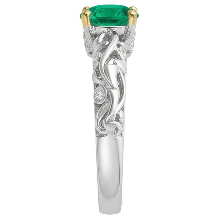 Émeraude Fine Taille Brillant Bague Pierre de Couleur en Or Bicolore 14 Carats – vue de profil