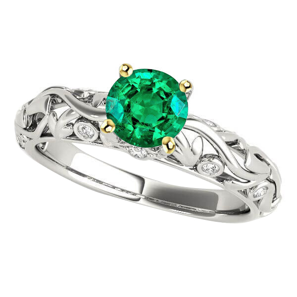 Émeraude Fine Taille Brillant Bague Pierre de Couleur en Or Bicolore 14 Carats – vue principale