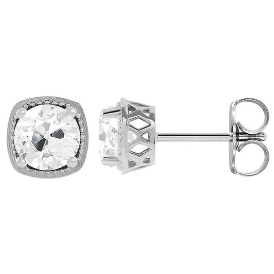 Diamant Coussin Antique Puces d'Oreilles en Or Blanc 14 Carats – vue de face