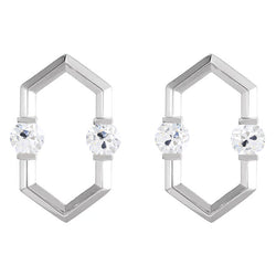 Boucles d'Oreilles Puces Hexagonales en Or Blanc avec Véritables Diamants Ronds Vieux Mineur 2 Carats
