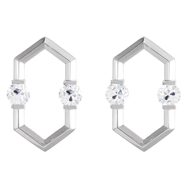 Boucles d'Oreilles Puces Hexagonales en Or Blanc avec Diamants Véritables 2 Carats Rond Vieux Mineur