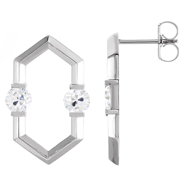 Boucles d'Oreilles Puces Hexagonales en Or Blanc avec Diamants Véritables 2 Carats Rond Vieux Mineur