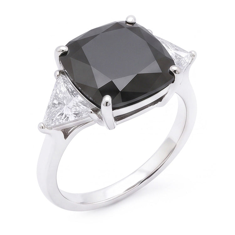 Bague de Fiançailles Noire pour Femme Diamant Coussin Véritable 3,6 Carats Trois Pierres Trilliant en Or Blanc 14K