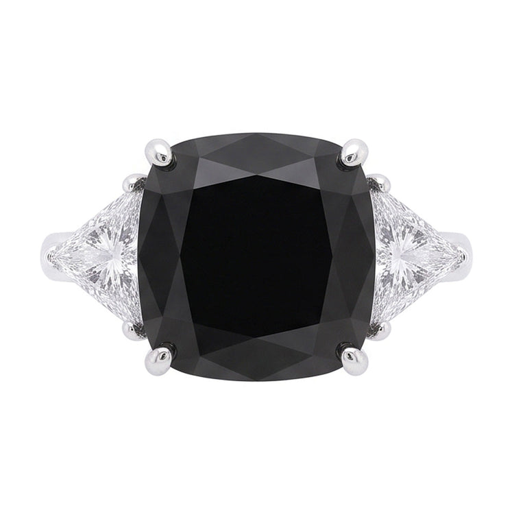 Bague de Fiançailles Noire pour Femme Diamant Coussin Véritable 3,6 Carats Trois Pierres Trilliant en Or Blanc 14K