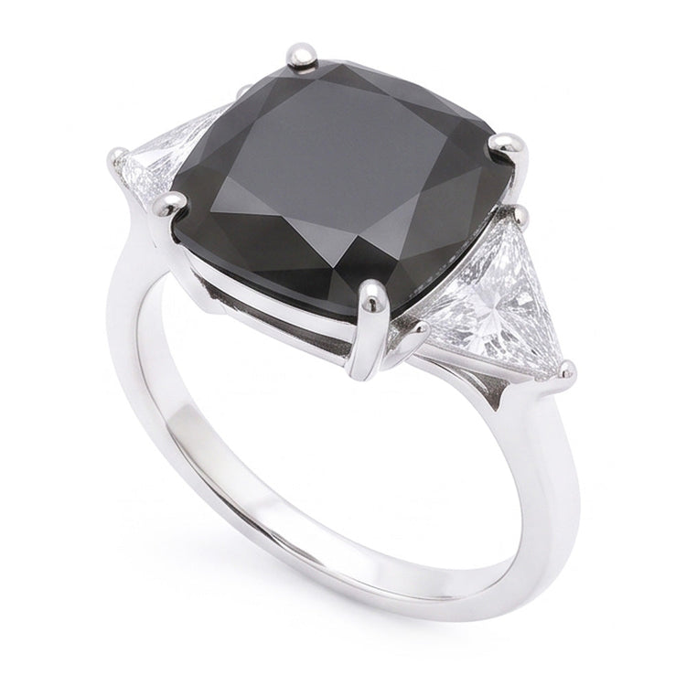 Bague de Fiançailles Noire pour Femme Diamant Coussin Véritable 3,6 Carats Trois Pierres Trilliant en Or Blanc 14K