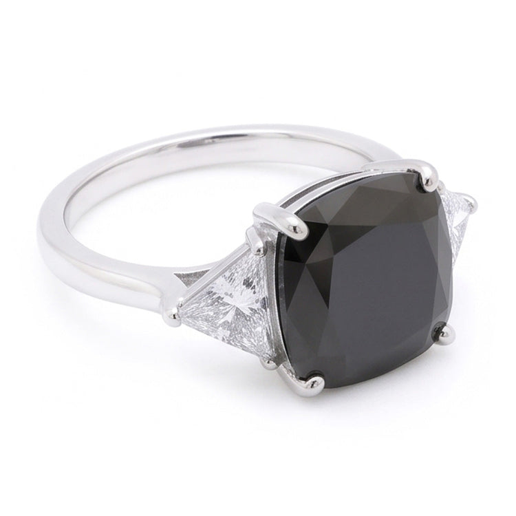 Bague de Fiançailles Noire pour Femme Diamant Coussin Véritable 3,6 Carats Trois Pierres Trilliant en Or Blanc 14K