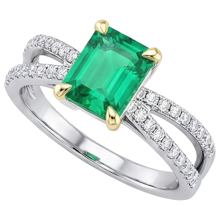 Émeraude Fine Bague Pierre Précieuse 2-carats Or Bicolore 14 Carats – vue de face
