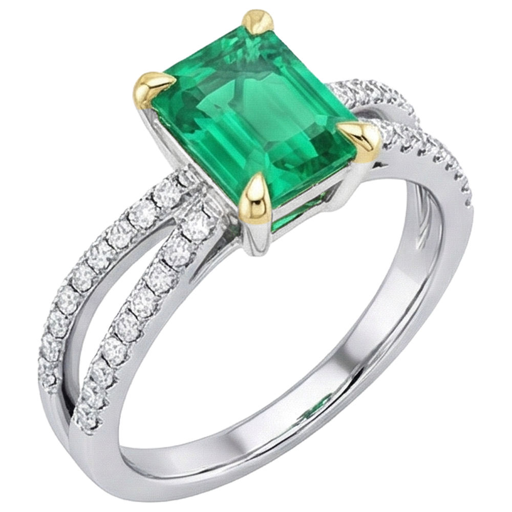 Émeraude Fine Bague Pierre Précieuse 2-carats Or Bicolore 14 Carats – vue de côté
