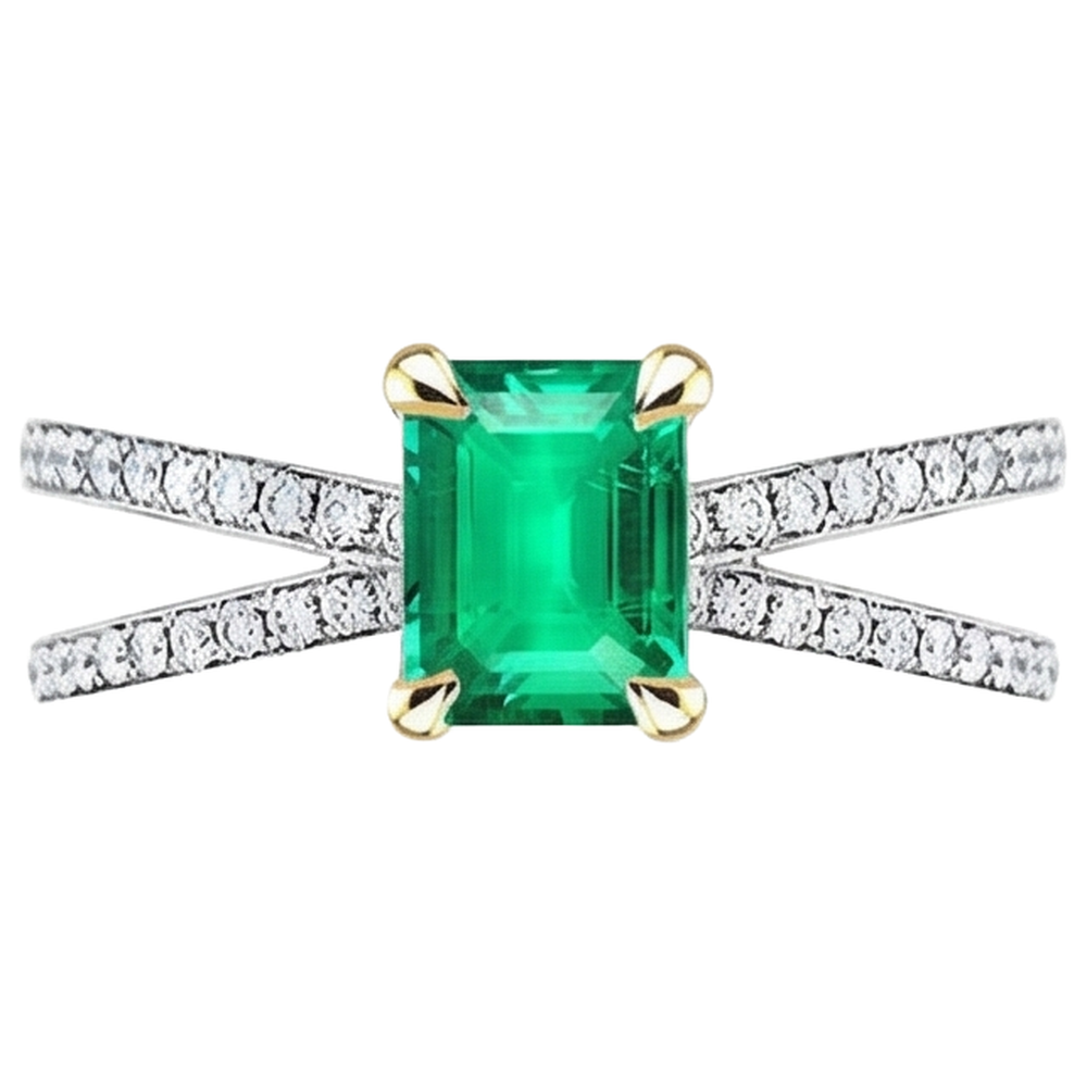 Taille à Degrés Émeraude Fine bague en Or Bicolore 14 Carats – vue d'angle