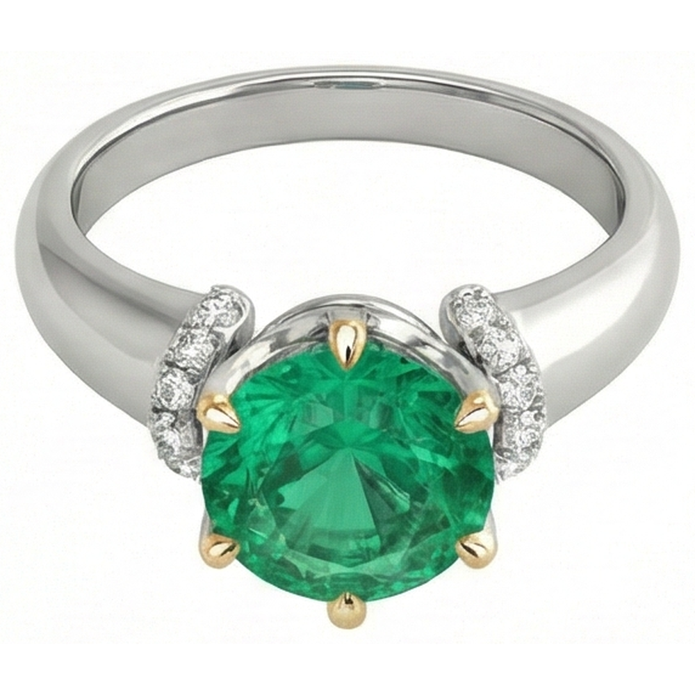 Émeraude Fine Taille Brillant Bague Pierre Précieuse en Or Bicolore 14 Carats – vue d'angle