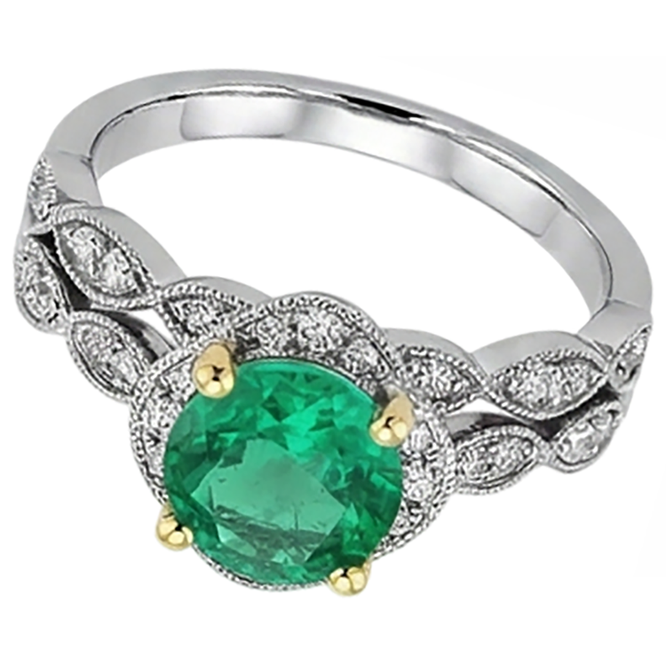 Émeraude Fine Taille Brillant Bague Pierre Précieuse en Or 14K Bicolore – vue de face
