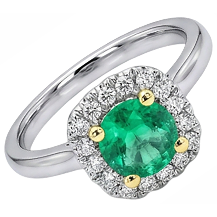 Émeraude Fine Taille Brillant Bague Pierre de Couleur en Or Deux Tons 14 Carats – vue d'angle