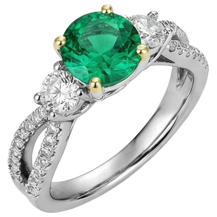 Taille Brillant Émeraude Fine bague en Or 14K Bicolore – vue d'angle