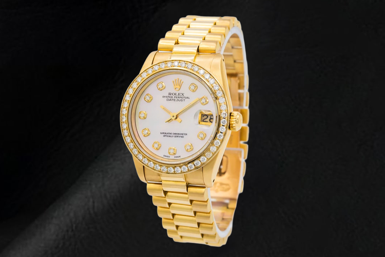 Montre Rolex President 31 mm en Or Jaune, Cadran Diamants en Nacre Blanche