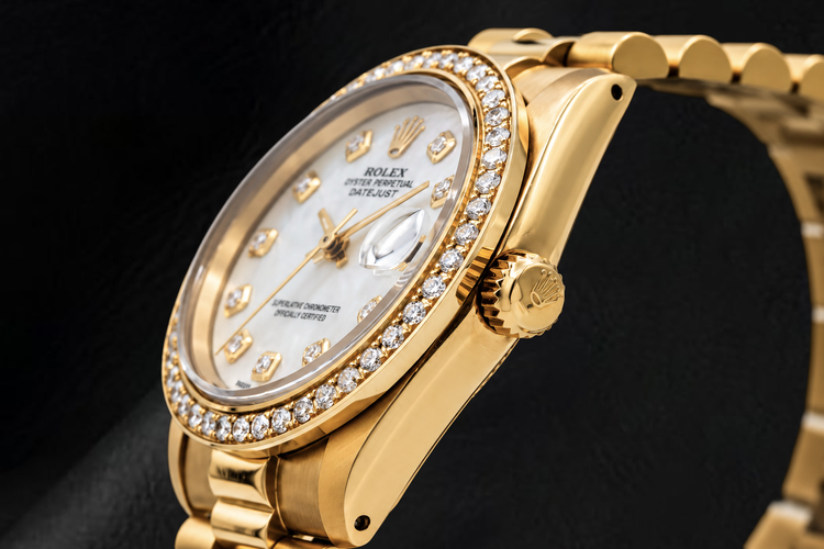 Montre Rolex President 31 mm en Or Jaune, Cadran Diamants en Nacre Blanche