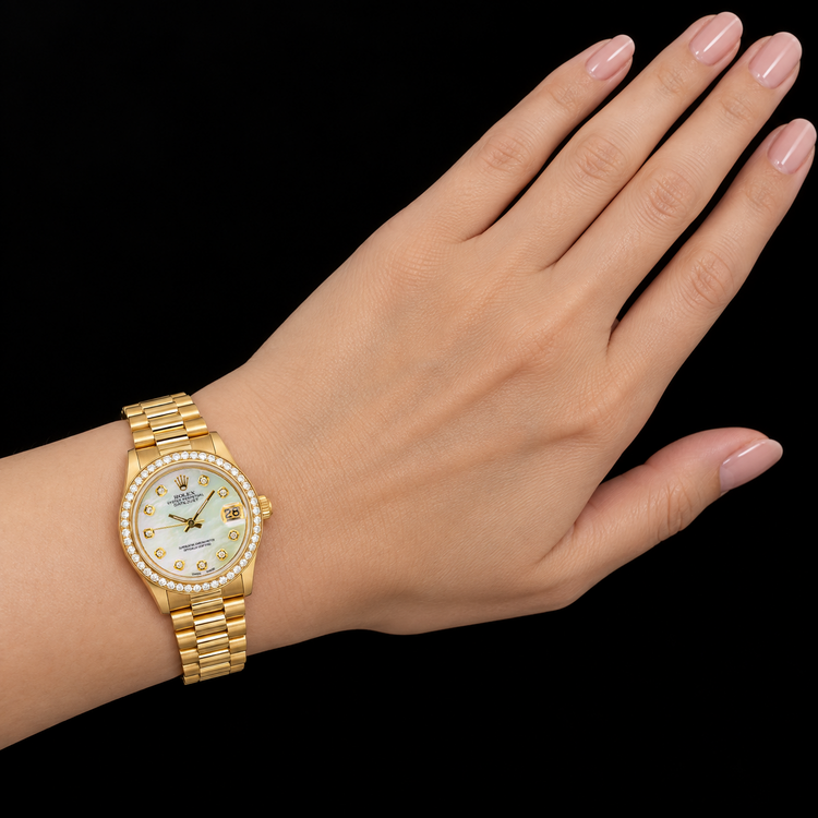 Montre Rolex President 31 mm en Or Jaune, Cadran Diamants en Nacre Blanche