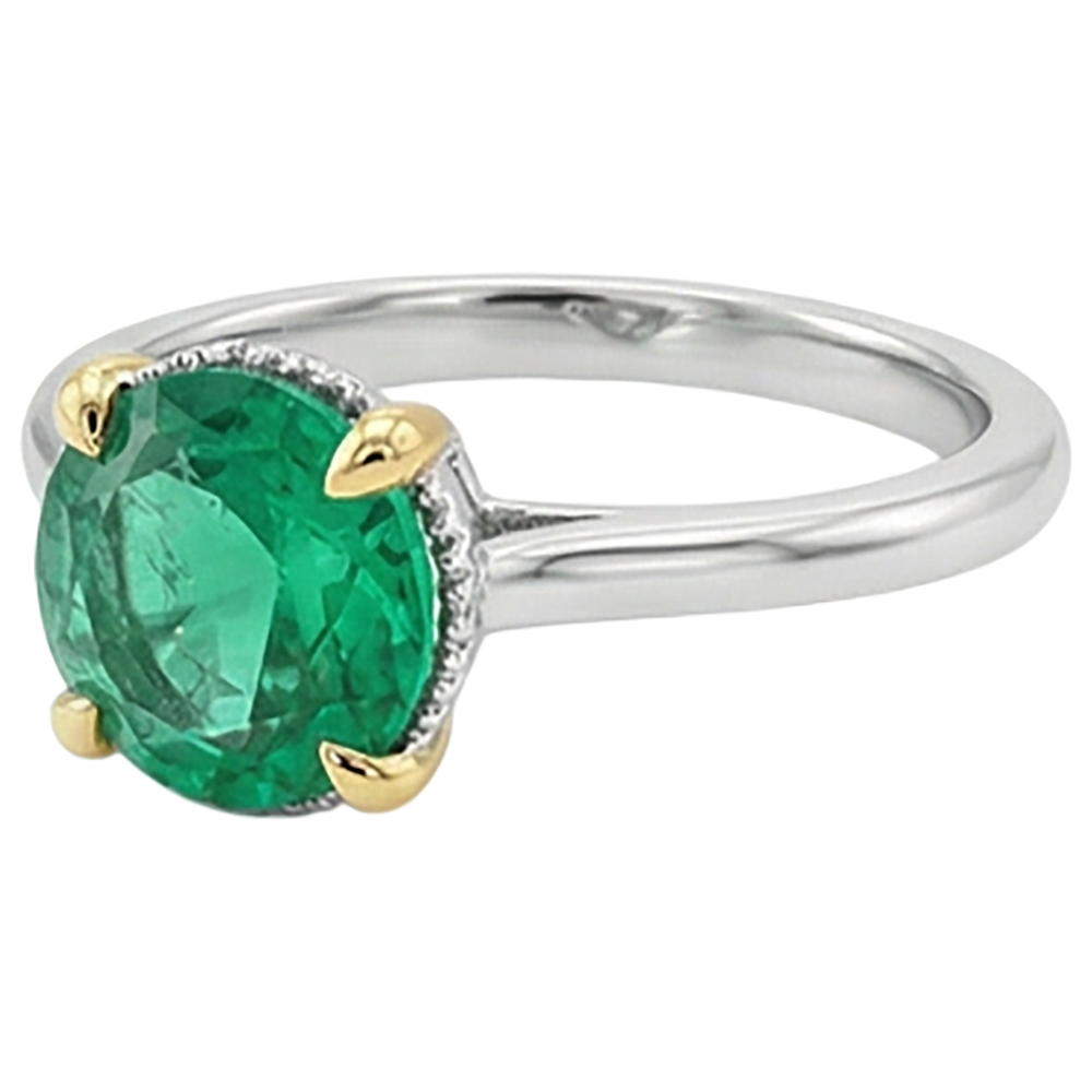Émeraude Fine Taille Brillant Bague Pierre de Couleur en Or Bicolore 14 Carats – vue d'angle