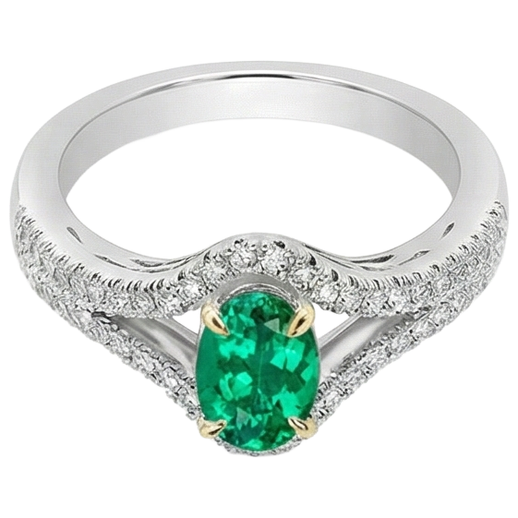 Taille Ovale Émeraude Colombienne bague en Or 14K Bicolore – vue de face