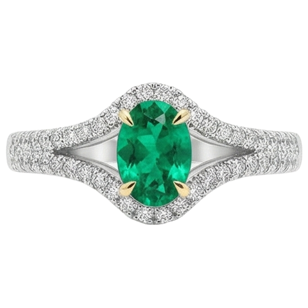 Bague Pierre de Couleur Or 14K Bicolore avec Émeraude Colombienne – vue d'angle