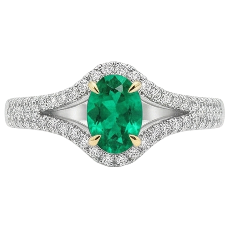 Bague Pierre de Couleur Or 14K Bicolore avec Émeraude Colombienne – vue d'angle