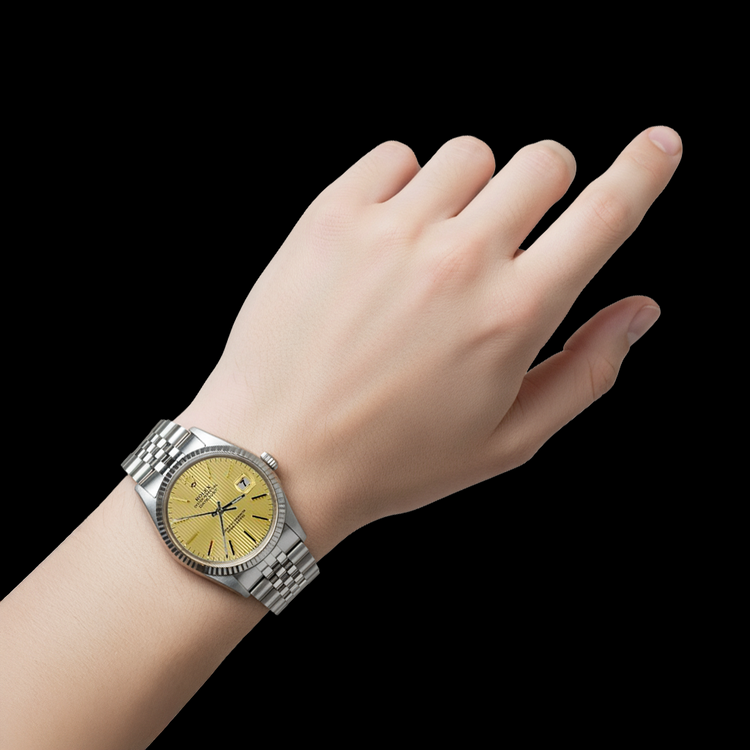 acier inoxydable Champagne Bâton Cadran Lunette cannelée Datejust Rolex Hommes Montre ensemble rapide