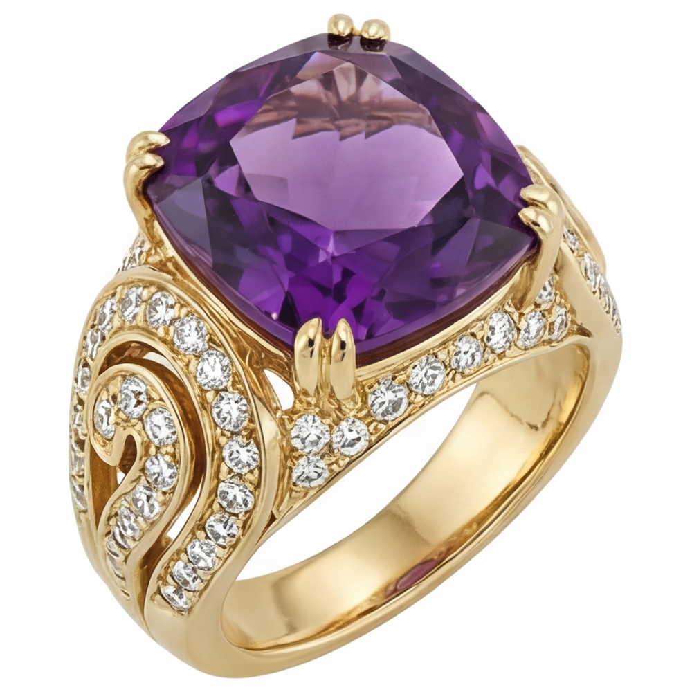 Améthyste Taille Coussin Bague avec Gemme en Or Jaune 14 Carats – vue de face