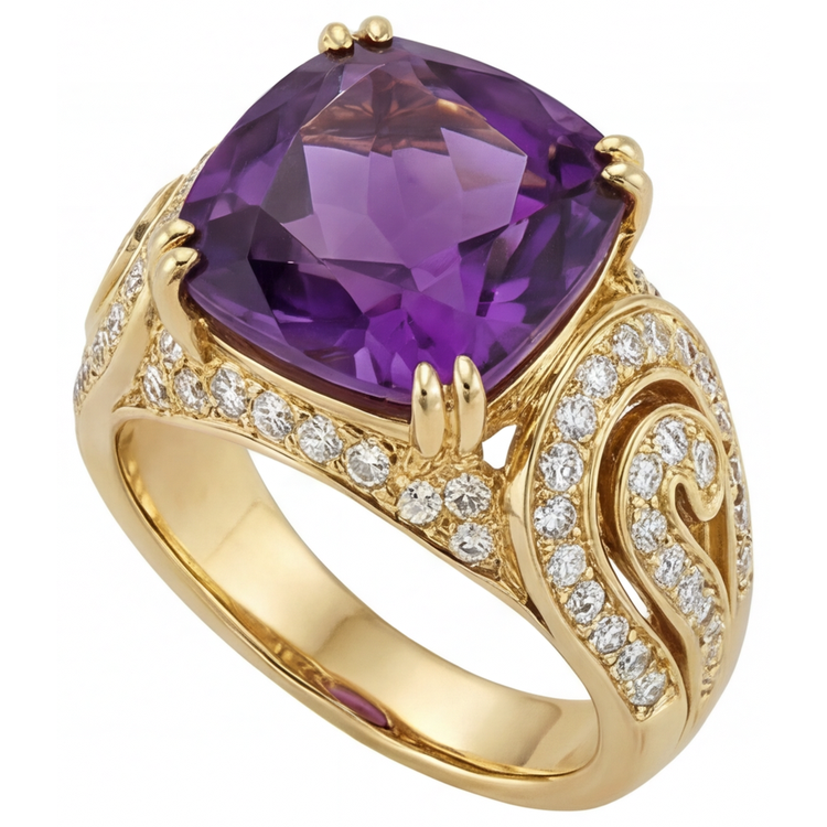 Bague avec Gemme Or Jaune 14 Carats avec Améthyste – vue de côté