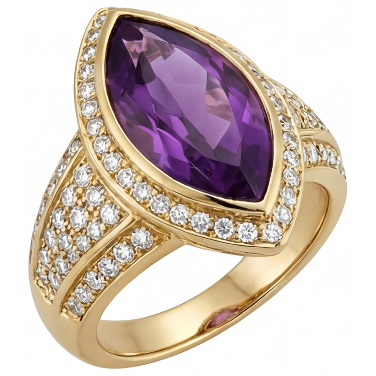 Bague avec Gemme Or Jaune 14 Carats avec Améthyste – vue de côté