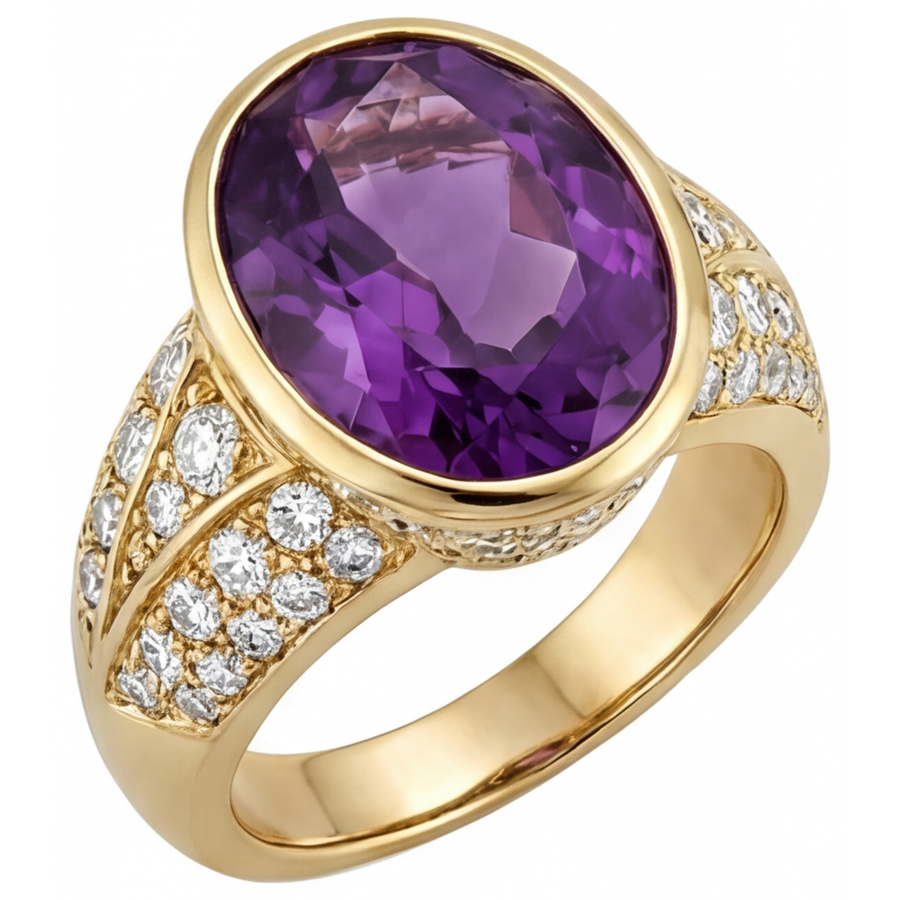 Ovale Améthyste Pourpre bague en Or Jaune 14 Carats – vue de côté