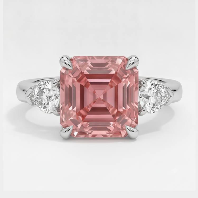 Bague Trilogie Saphir Padparadscha Véritable 3,6 Carats Taille Asscher et Trilliants Blancs en Platine