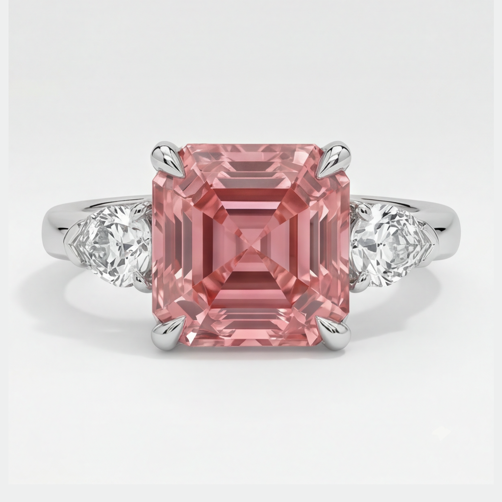 Bague Trilogie Saphir Padparadscha Véritable 3,6 Carats Taille Asscher et Trilliants Blancs en Platine